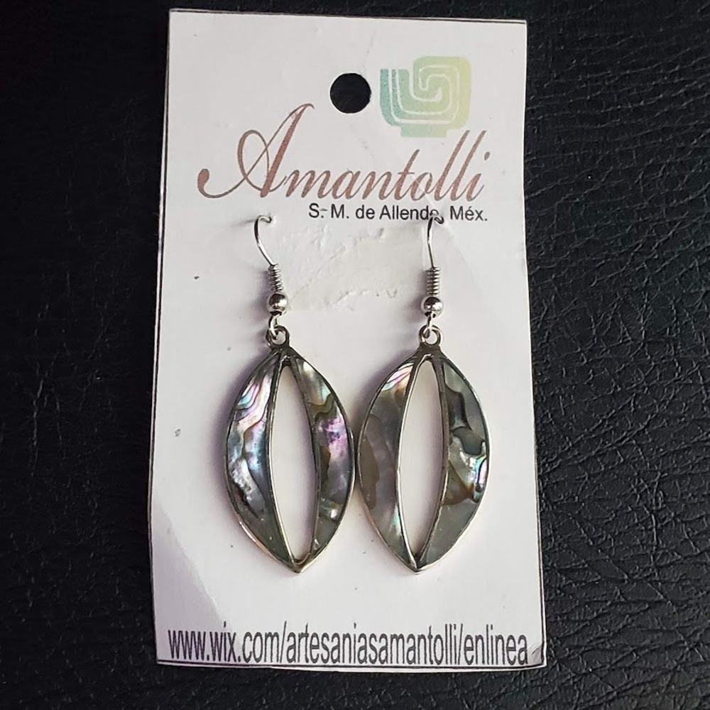 Amantolli Mexican Abalone Shell Inlay Silver Tone Open Marquise Drop Earrings